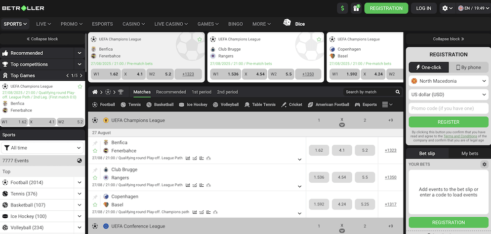 The sportsbook interface at Betroller, displaying live betting odds for UEFA Champions League football matches and the clean, organized bet slip on the right.