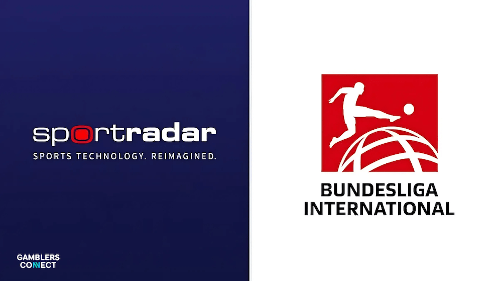 The Sportradar logo on a dark blue background and the Bundesliga International logo on a white background, symbolizing their joint efforts in data innovation.
