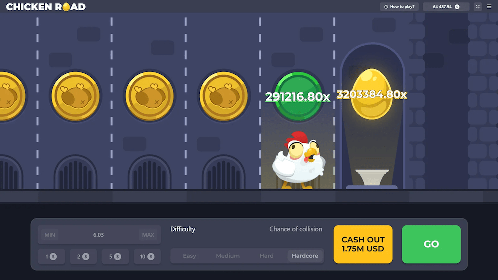A Chicken Road 2.0 gameplay screenshot showing the chick successfully crossing several lanes, with a "WIN!" notification and a significant multiplier displayed. The prominent "CASH OUT" button with the current winnings is clearly visible, highlighting the core risk-reward decision of the game.