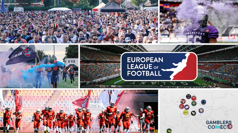 A section of the image highlighting the European League of Football logo, a map showing the geographical distribution of its teams, and enthusiastic fans, illustrating the league's growing presence across Europe.