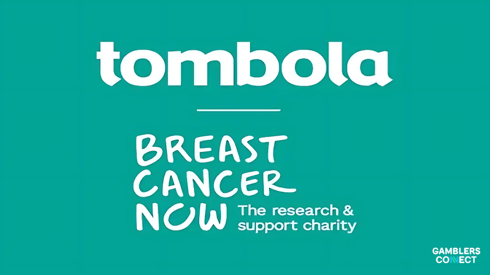 The text "eyes down, check up" is featured alongside the logos of Tombola and Breast Cancer Now, representing the central message of their joint campaign to educate and raise funds.