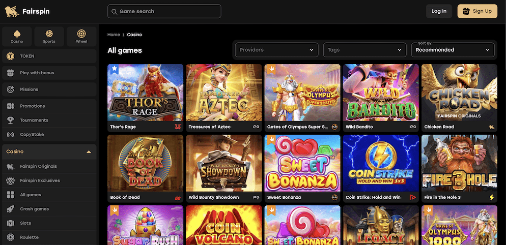 Screenshot of the Fairspin Casino "All Games" lobby, displaying a vast array of slot titles from various providers, including Thor's Rage, Sweet Bonanza, and Book of Dead, illustrating the casino's extensive library of over 7,700 games.