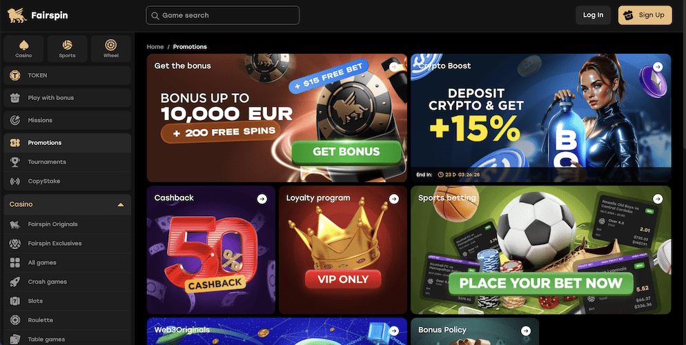 Screenshot of the Fairspin Casino homepage showcasing popular games like Treasures of Aztec, Gates of Olympus, and Fairspin Originals such as Chicken Road. It also highlights the welcome bonus offering up to 10,000 USD and 200 free spins, along with a 50% cashback promotion.