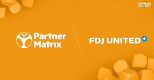 The logos of PartnerMatrix and FDJ United side-by-side on an orange background, visually representing their new strategic partnership for affiliate marketing in regulated European markets.