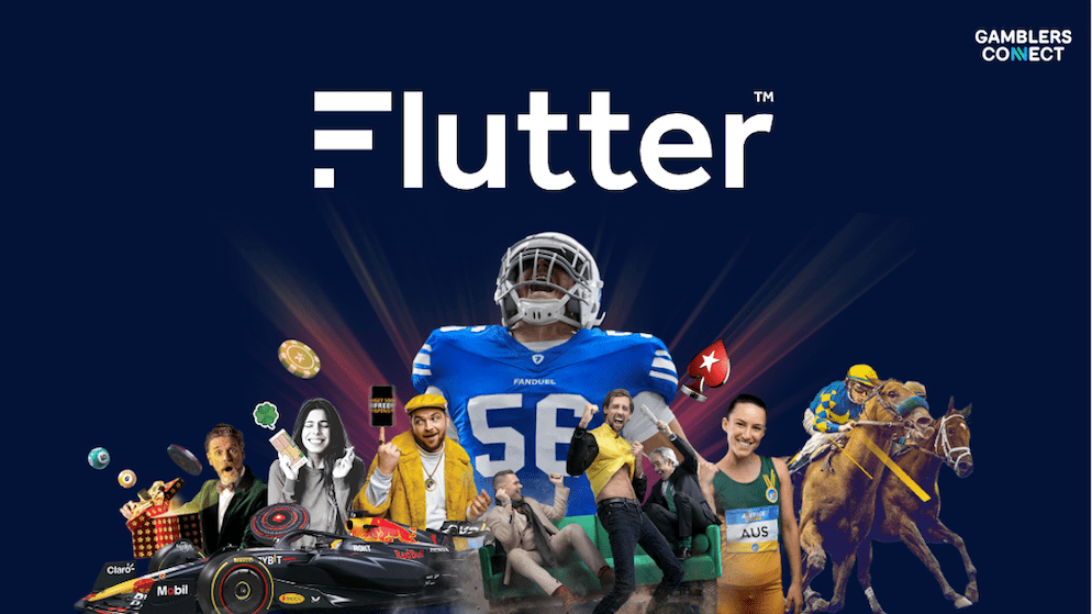 The Flutter brand logo above diverse sporting visuals associated with FanDuel, representing the financial transaction that grants Flutter full ownership of FanDuel.
