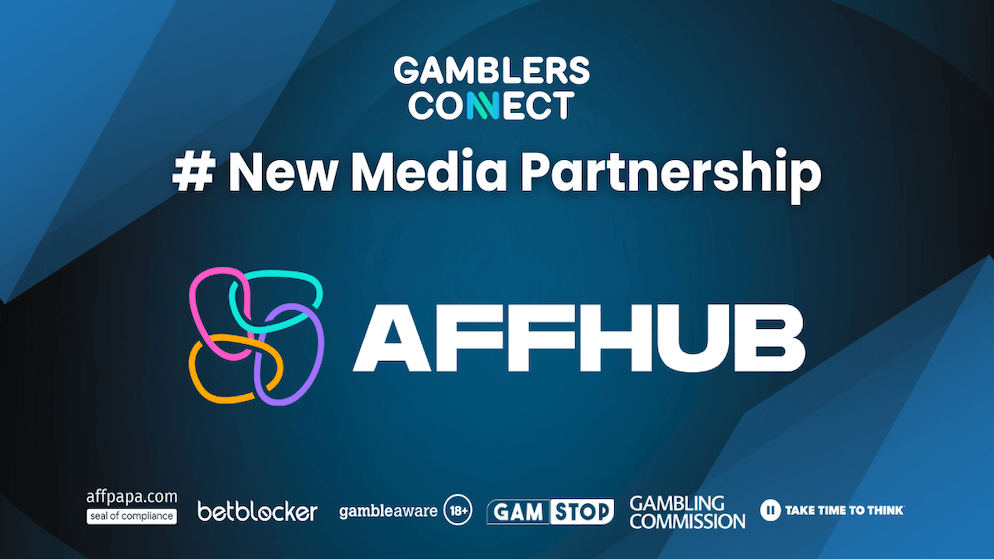 The logos of Gamblers Connect and AFFHUB are shown together, representing their collaboration to support the cross-vertical affiliate marketing conference in Warsaw.