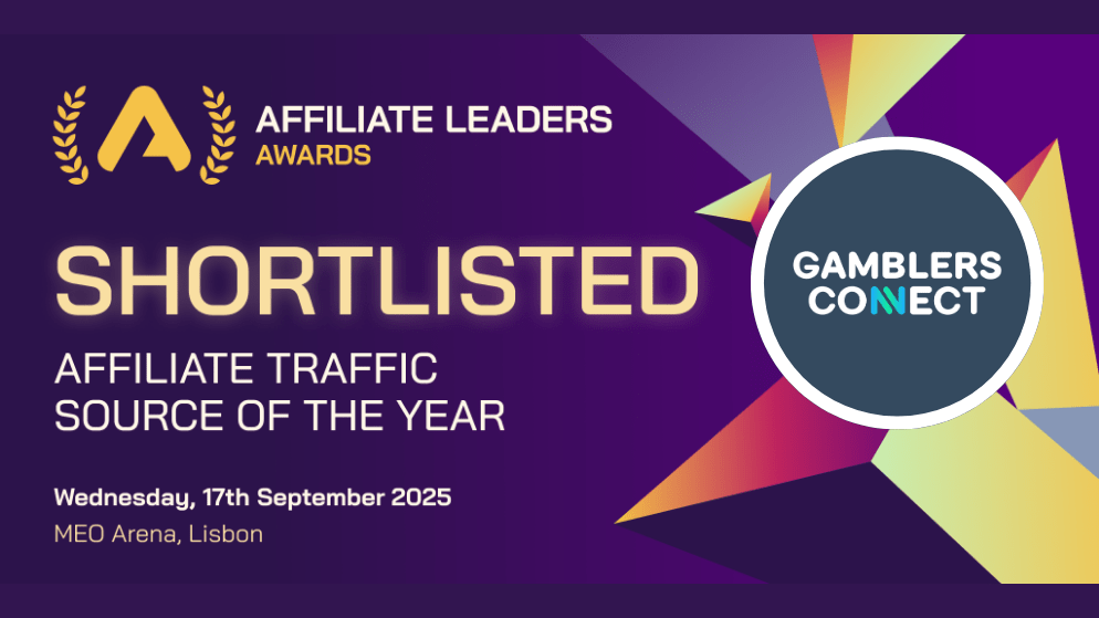 The official 'Shortlisted' graphic for Gamblers Connect's nomination in the 'Affiliate Traffic Source of the Year' category at the Affiliate Leaders Awards 2025.