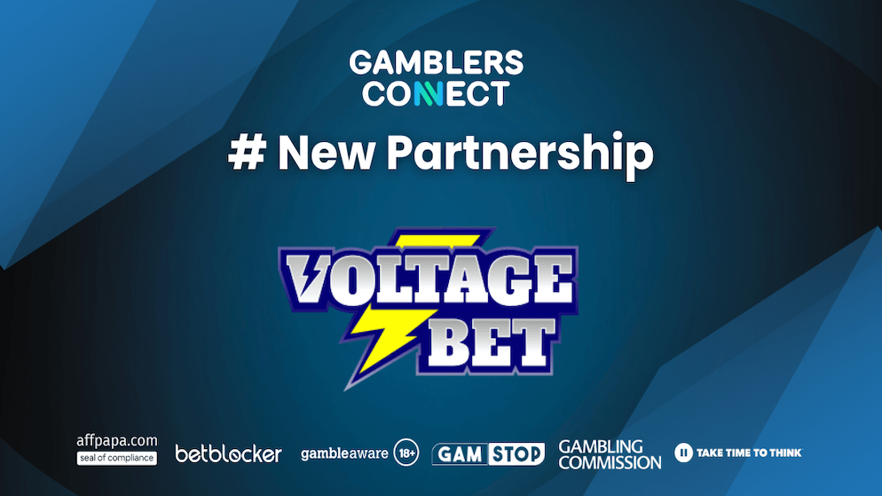 An image showcasing the collaboration between Gamblers Connect and VoltageBet, highlighting the trust and compliance badges associated with the partnership.