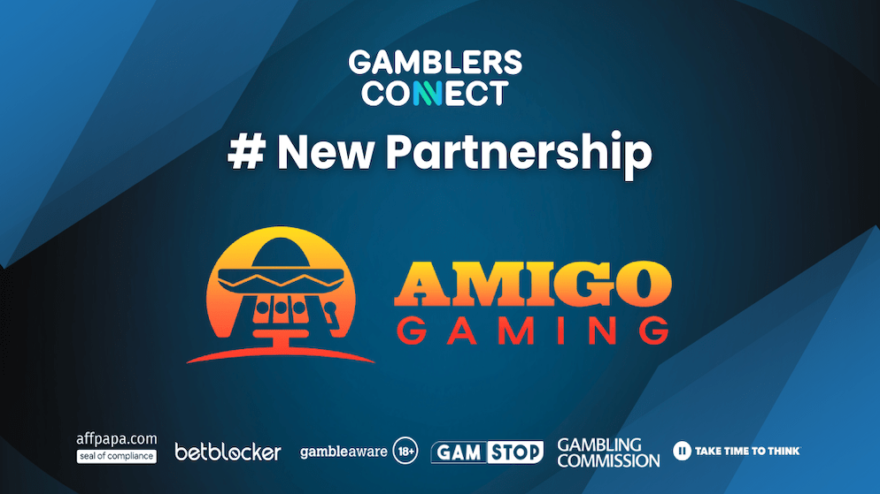 A visual announcement highlighting the new partnership between Gamblers Connect, a leading iGaming platform, and Amigo Gaming, a dynamic online slot developer.