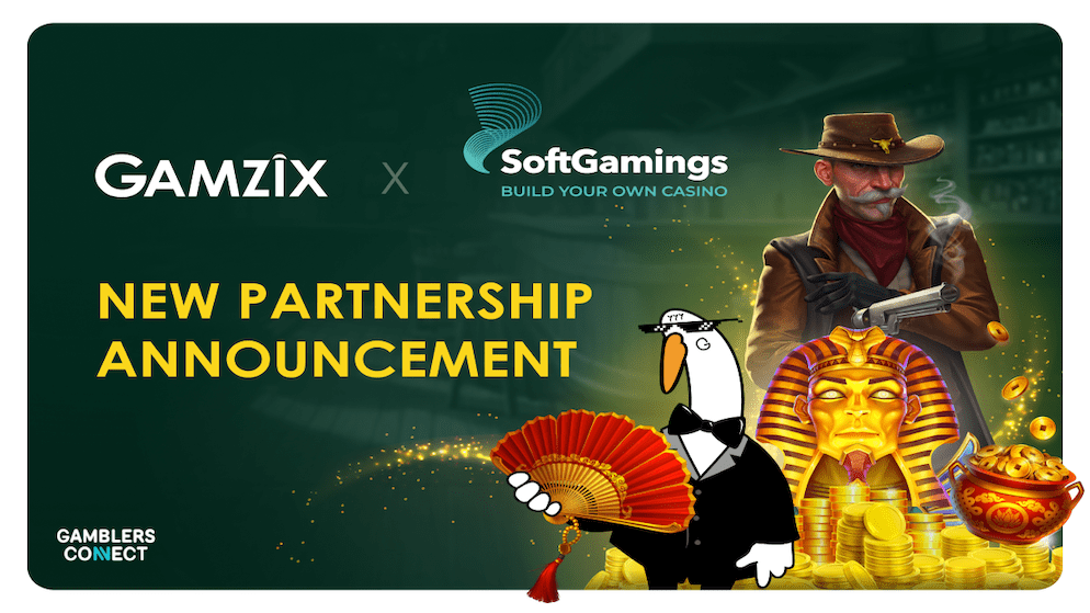 The official announcement image for the distribution partnership between game provider Gamzix and platform aggregator SoftGamings.