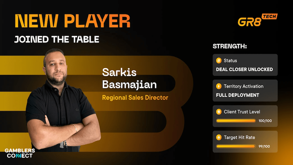 A portrait of Sarkis Basmajian with text announcing his new role at GR8 Tech, where he will be responsible for driving the company's expansion into the high-potential MENA iGaming market.