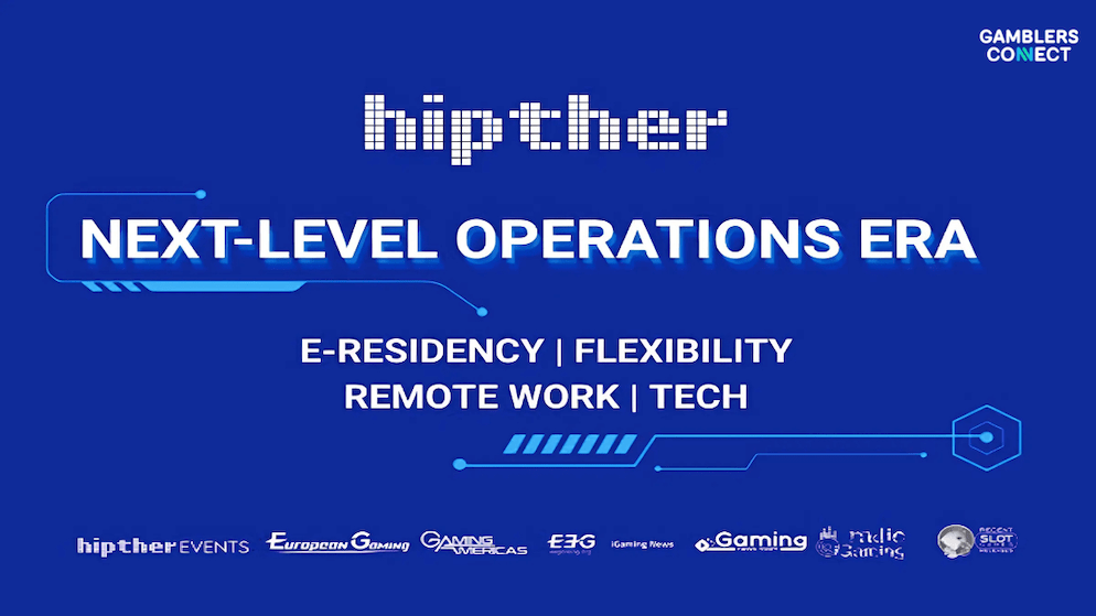 The image showcases HIPTHER's announcement of its "NEXT-LEVEL OPERATIONS ERA," emphasizing e-Residency, flexibility, remote work, and technology as core elements of its new strategy.