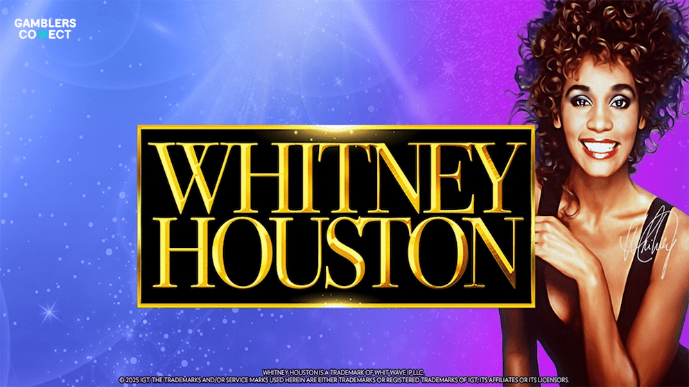Close-up view of the Whitney Houston slot game reels, showcasing key symbols, bonus features, and the IGT PlayDigital logo.