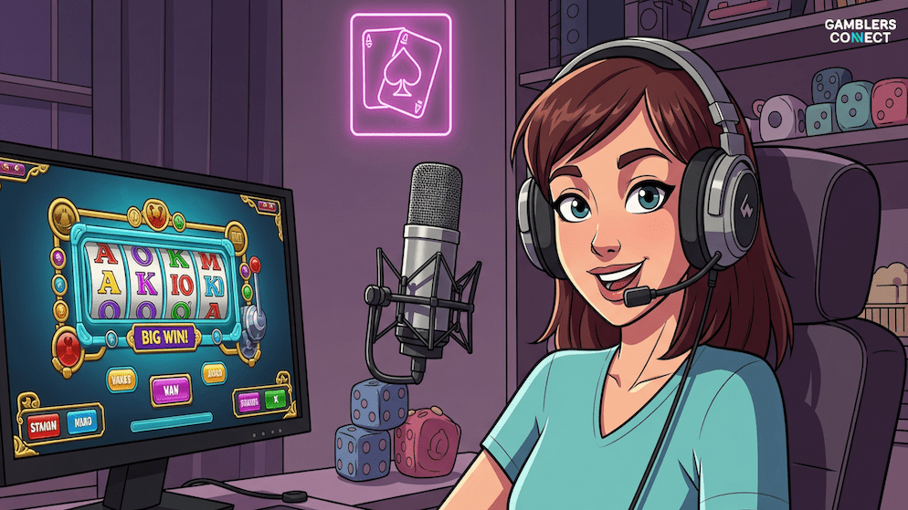 A cartoon graphic of a female streamer in her professional setup, symbolizing the business and content creation strategy behind the multi-million dollar Lady Luck HQ net worth.