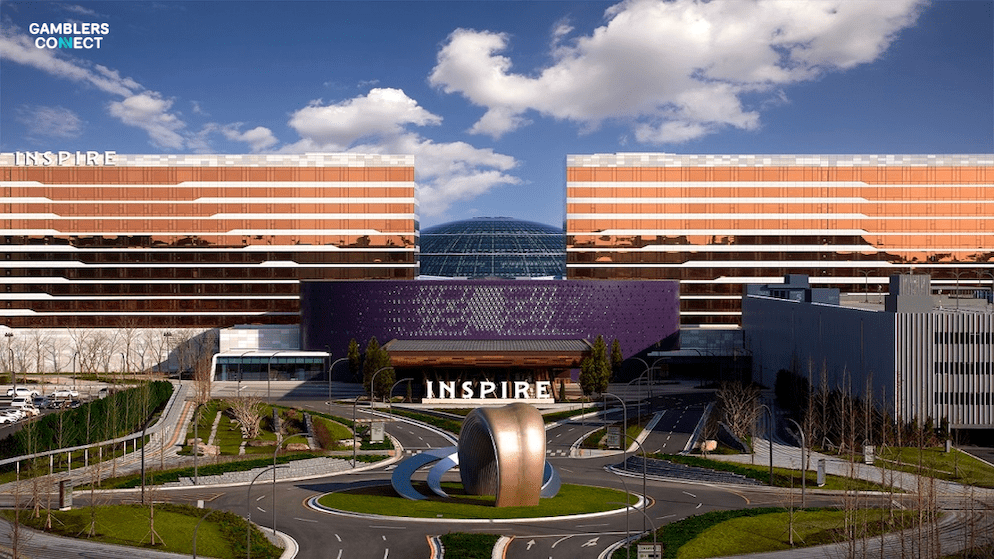 A wide shot showcasing the impressive scale of the Inspire Entertainment Resort in South Korea, emphasizing the environment where Lee Sang-won will be leading transformation efforts.
