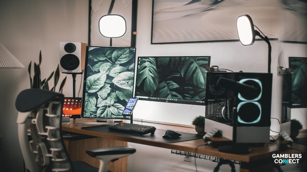 A modern streaming station featuring dual monitors, a gaming computer with RGB lighting, audio equipment, and comfortable seating, illustrating the kind of professional environment where Maherco creates his maherco gaming live content on kick maherco.