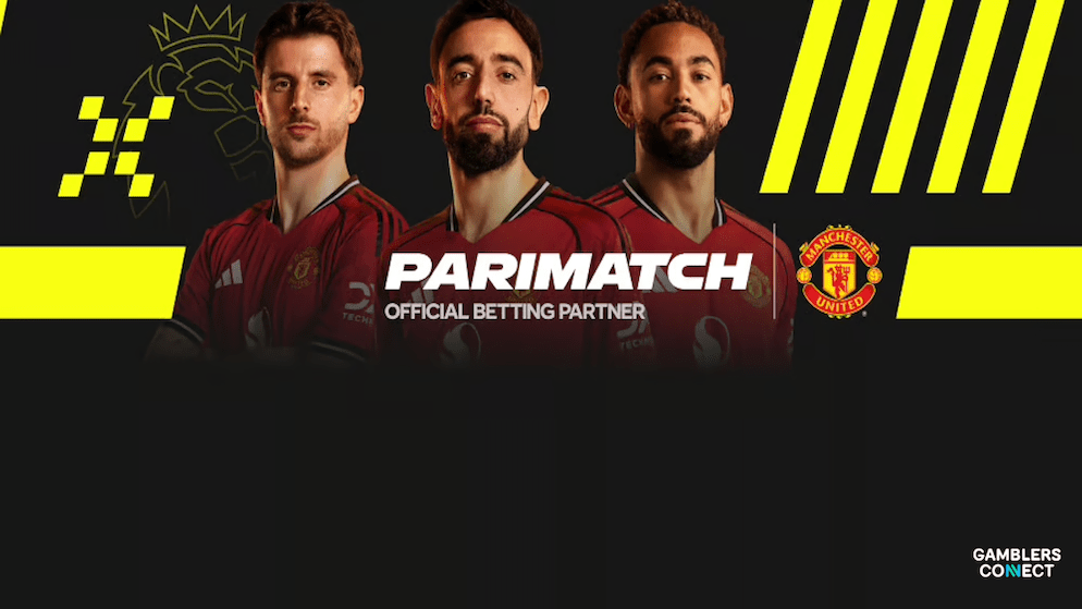  Close-up of the Manchester United crest and the Parimatch logo, highlighting the betting partnership in key international markets.