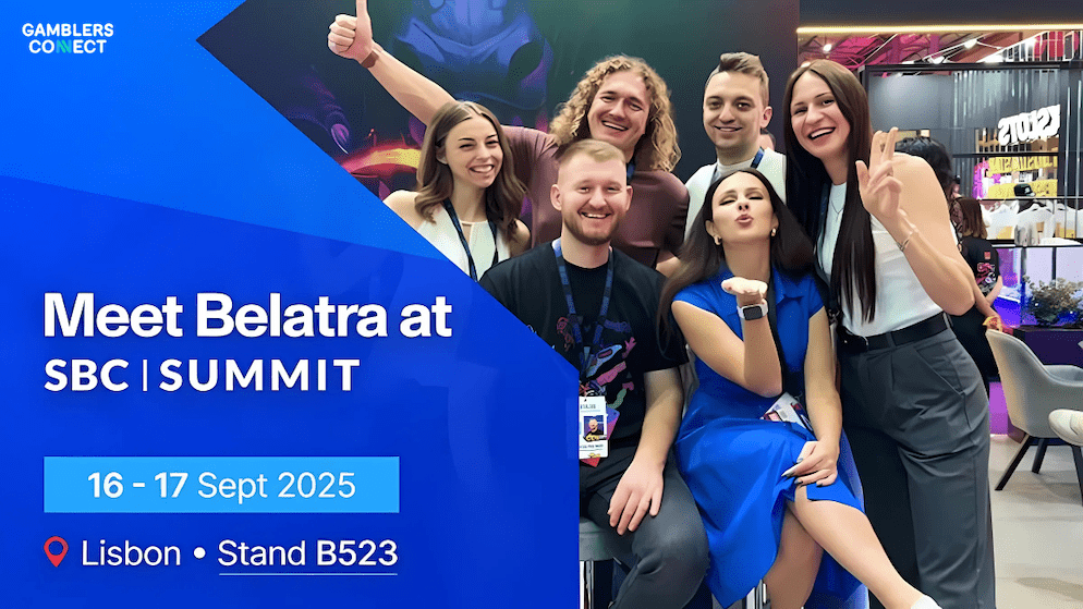 An invitation from Belatra Games to meet their team at Stand B523 during the SBC Summit in Lisbon on 16-17 September 2025, featuring a photo of the cheerful team.