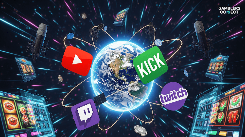 An illustration depicting the interconnectedness of online gambling streamers, showcasing stylized logos of Kick, YouTube, and Twitch, microphones symbolizing content creation, and digital slot machines representing the core gaming content, all orbiting a central Earth.