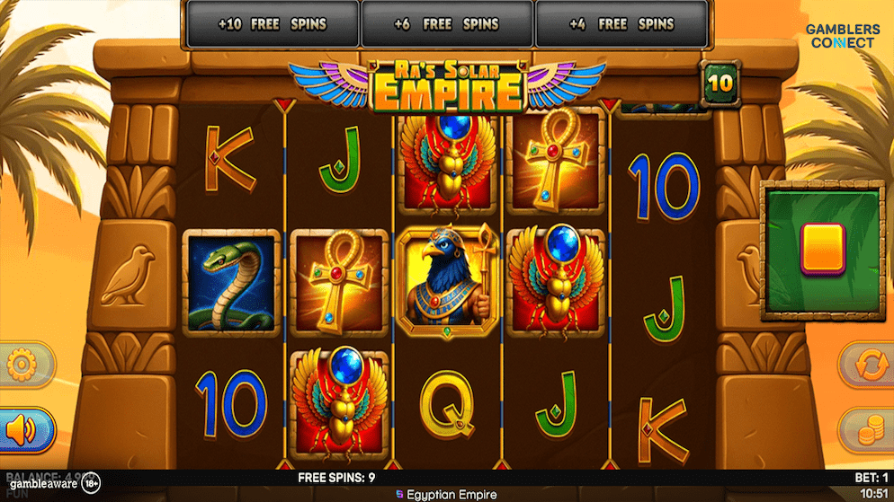 The bonus round of Ra’s Solar Empire, highlighting the Free Spins feature with the Horus Wild symbol active on the reels.