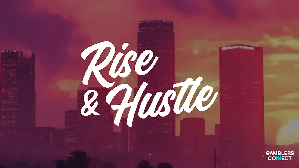 The Rise & Hustle brand name against a dynamic urban backdrop, symbolizing their innovative approach to mobile gaming in Africa with crypto-backed rewards.