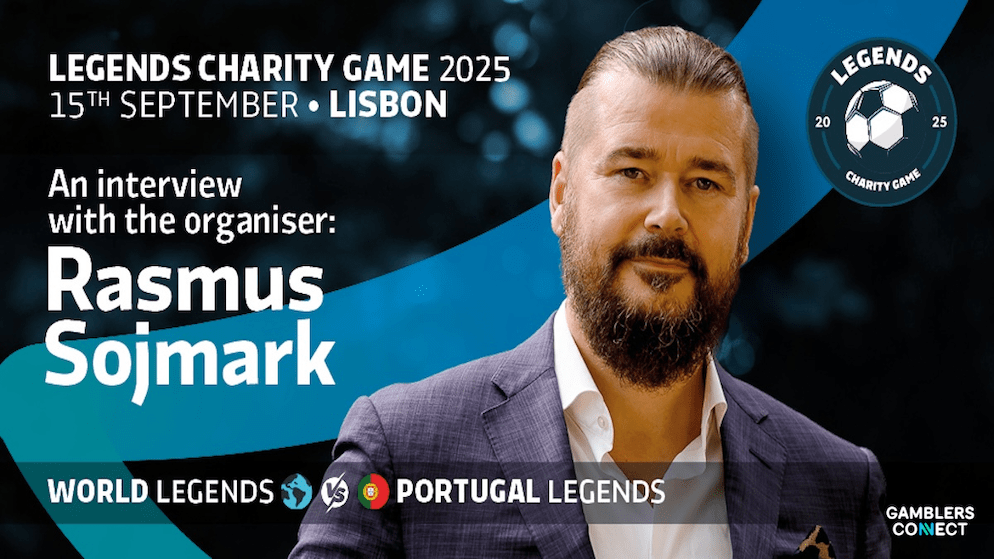 A portrait of Rasmus Sojmark alongside the branding for the Legends Charity Game 2025, highlighting his role in organising the event featuring World Legends vs. Portugal Legends.