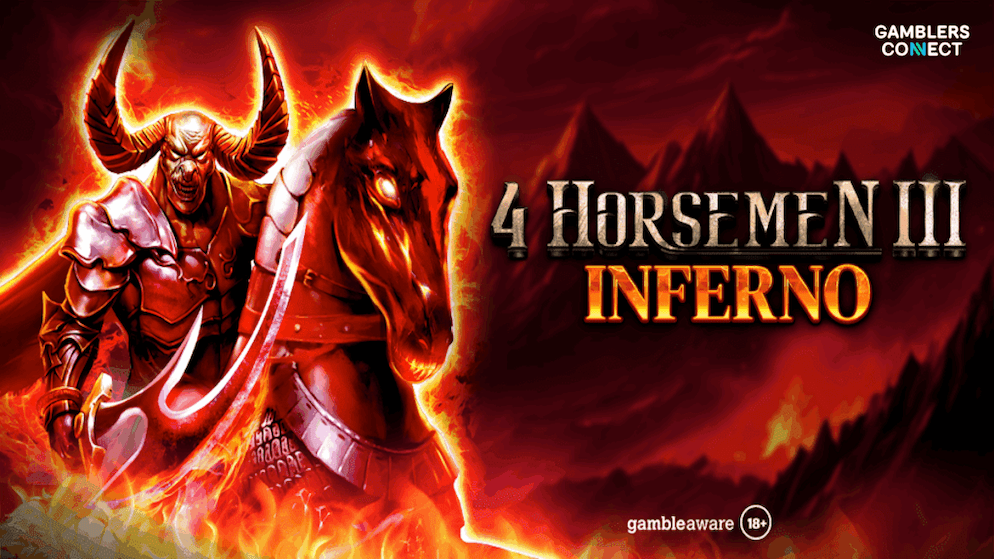 The image depicts the fiery hellscape of the 4 Horsemen III: Inferno slot, highlighting the game's immersive atmosphere and its central character, one of the four horsemen.