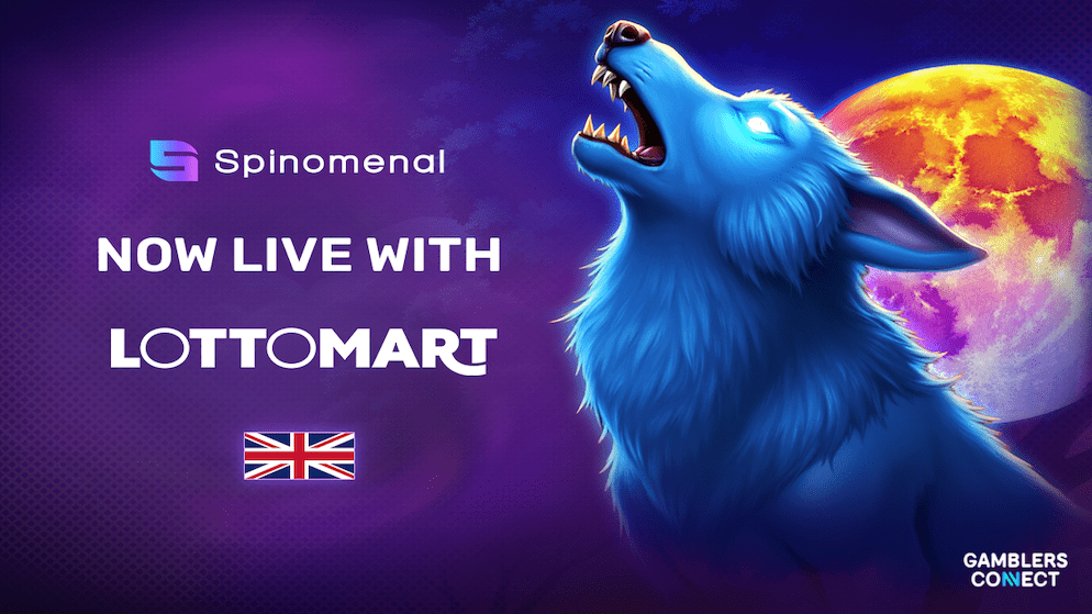 A graphic celebrating the launch of Spinomenal's slot games on the Lottomart UK casino platform, showing the logos of both companies.