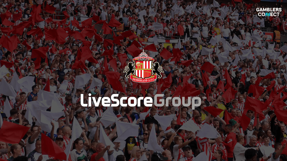 A wide shot of passionate Sunderland AFC fans in a stadium, with the club's crest and the LiveScore Group logo overlaid, highlighting the partnership ahead of the Premier League season.