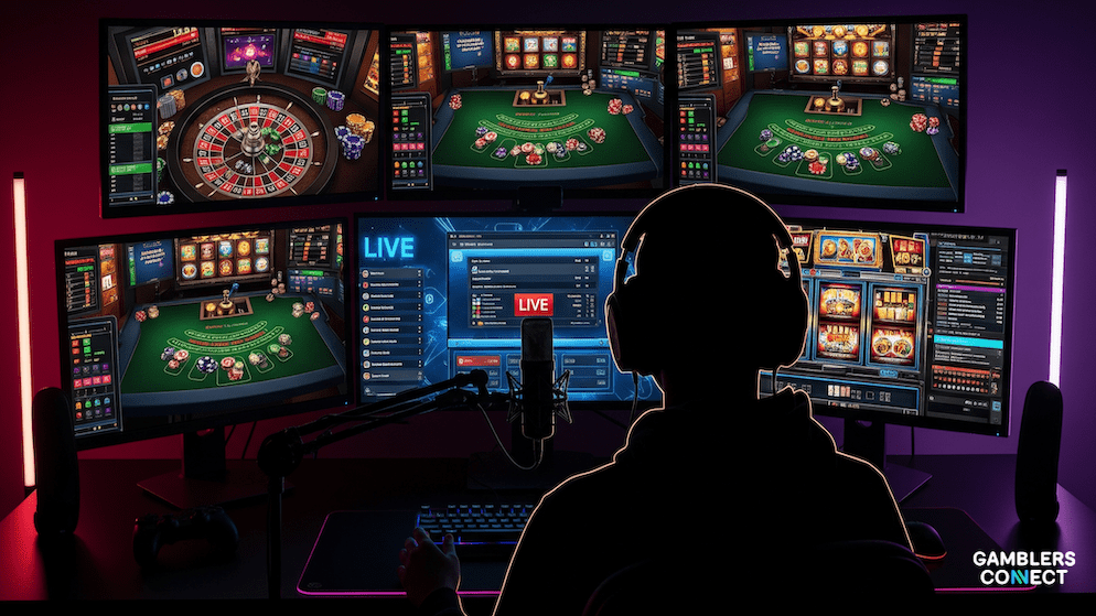 Syztmz's view of his streaming setup with multiple monitors showcasing various online casino games and his live broadcasting software. This illustrates his dedication to providing engaging gambling content on platforms like Kick.