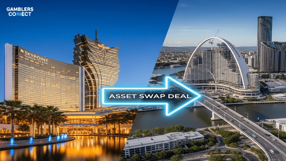 A graphic illustrating the asset swap between The Star Gold Coast and Queen's Wharf Brisbane, a key part of The Star Entertainment's restructuring plan.