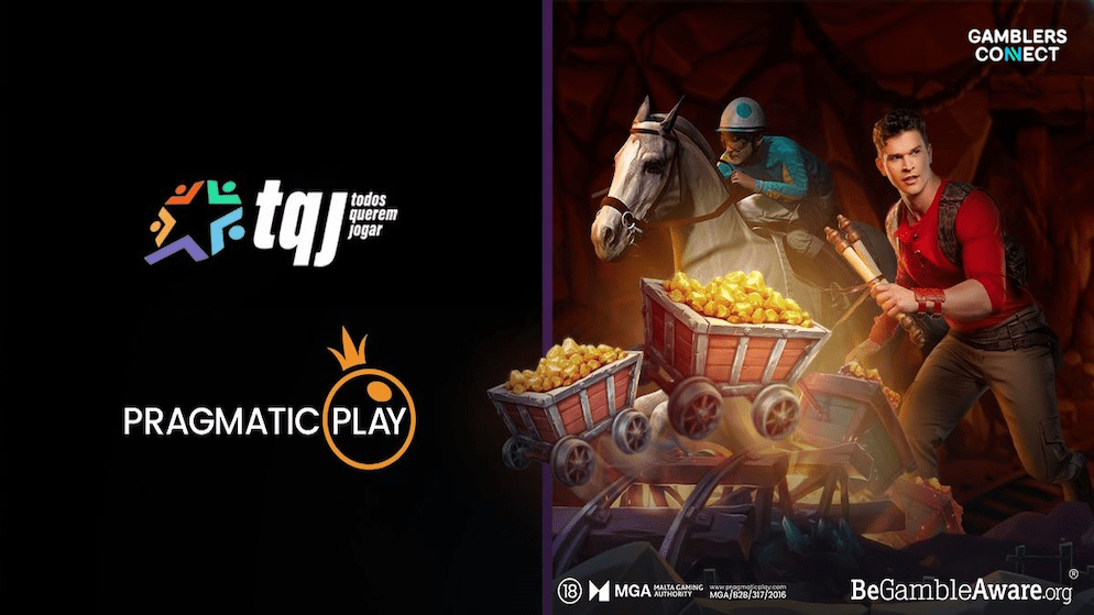 The logos of TQJ and Pragmatic Play alongside a vibrant game graphic depicting an adventurous miner and a horse-drawn cart filled with gold, representing the enhanced gaming content.