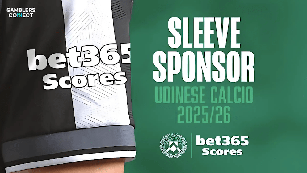 A focused view of the Udinese Calcio jersey sleeve displaying the Bet365 Scores logo, highlighting the new partnership for the upcoming Serie A campaign.