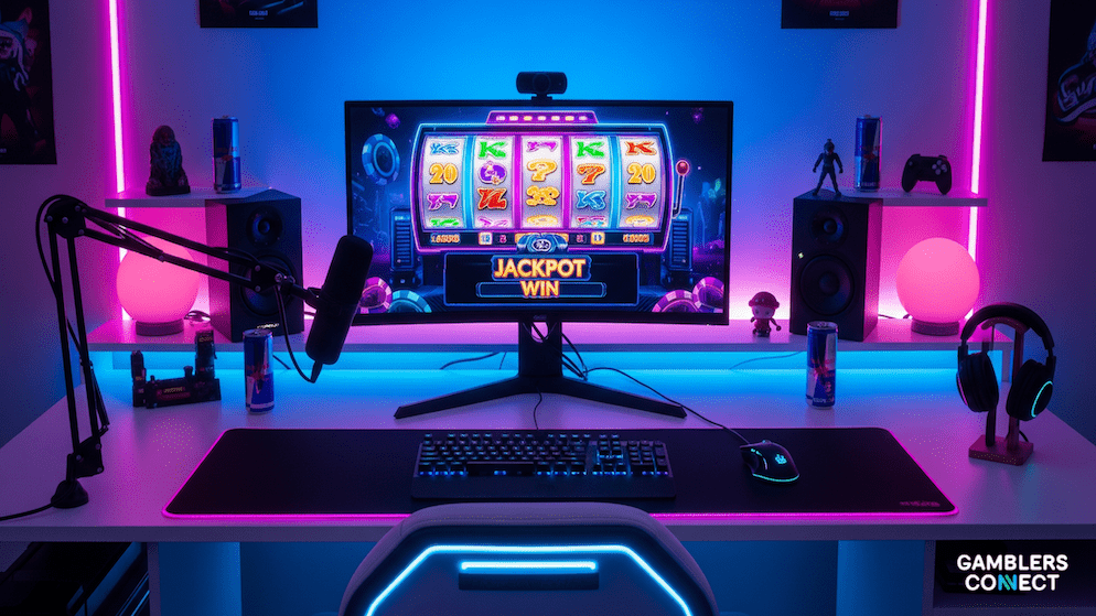 A neon-lit streaming room with a powerful computer and empty gaming chair, symbolizing the platform Vegas Matt uses to broadcast his high-limit slot play.