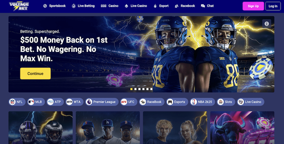 The homepage of VoltageBet, featuring the $500 money-back sports welcome bonus with American football players in the background.