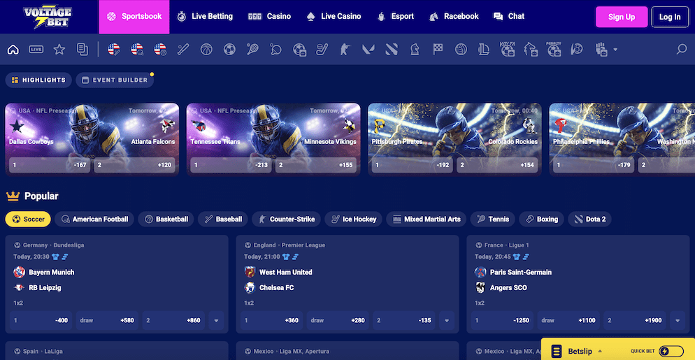 The sports betting interface at VoltageBet, showing upcoming NFL games and popular soccer matches from leagues like the Bundesliga and Premier League.