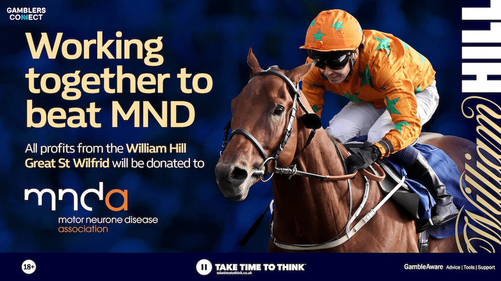 Close-up of the MND Association logo alongside the William Hill branding, emphasizing their partnership for the Charity Race Day.