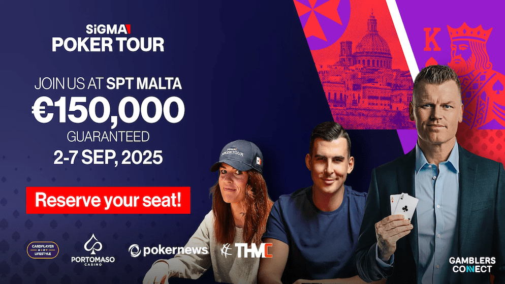 Advertisement for the SiGMA World Poker Tour Malta poker tournament with a €150,000 prize guarantee, taking place September 2025 at Portomaso Casino.