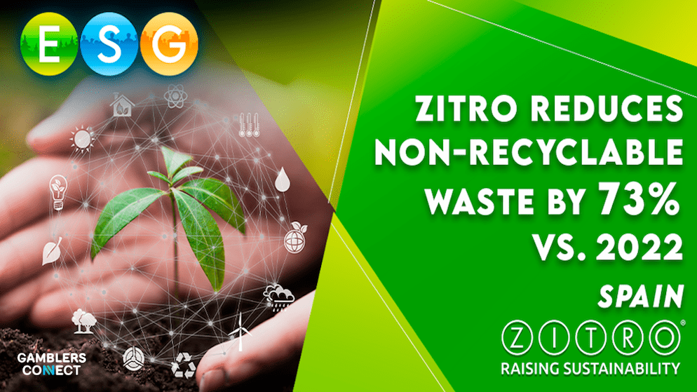 The image displays the "ESG" logo, sustainability-related icons, and a growing plant, alongside the text "ZITRO REDUCES NON-RECYCLABLE WASTE BY 73% VS. 2022 SPAIN" and the Zitro logo with the tagline "RAISING SUSTAINABILITY," emphasizing the company's environmental progress in Spain.