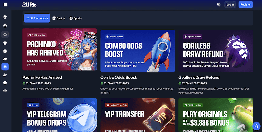 The promotions page at 2UP Casino displaying a grid of current offers, including sports promos, casino exclusives, and VIP bonuses.
