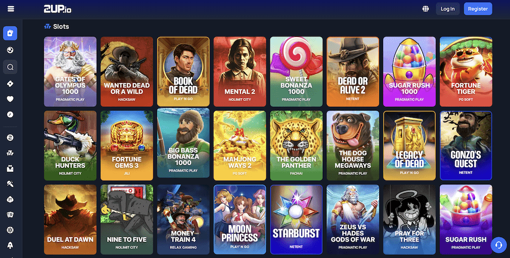 The online slots lobby at 2UP Casino, displaying a wide variety of popular games from providers like Pragmatic Play, Hacksaw, and Play'n GO.