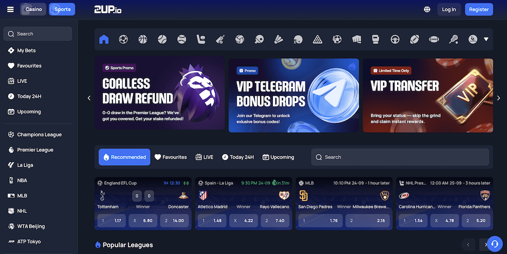 The main interface of the 2UP Casino sportsbook, showing live betting odds for football matches in the Premier League and La Liga.