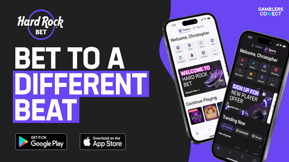 An advertisement for the Hard Rock Bet mobile app showing two smartphones displaying casino and sports betting interfaces, with the tagline "BET TO A DIFFERENT BEAT" and download buttons for Google Play and the App Store.