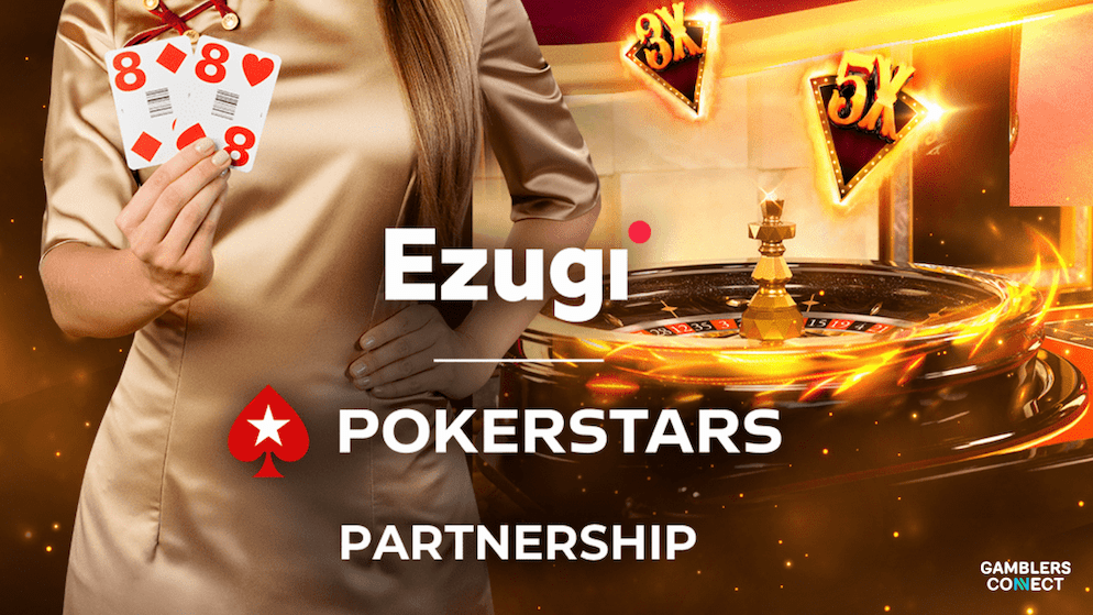 PokerStars and Ezugi on an image with a woman holdings cards celebrating the partnership