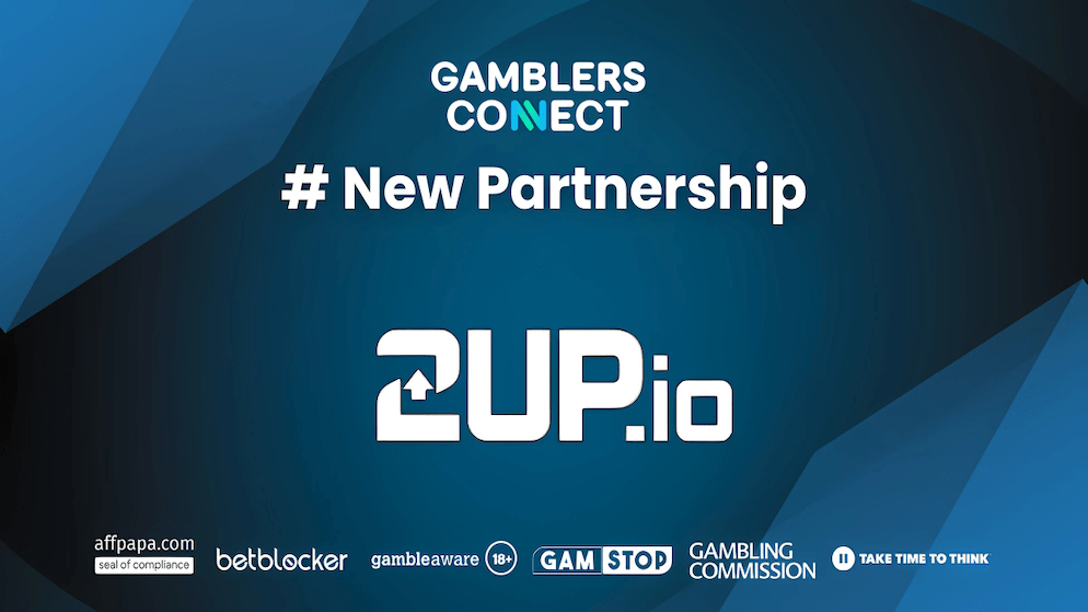 The logos of Gamblers Connect and 2UP Casino displayed side-by-side with a connecting design, symbolizing their new strategic media partnership in the iGaming industry.