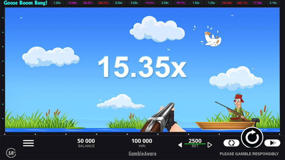 The official logo and key art for Belatra's 'Goose Boom Bang' crash game, featuring a cartoon goose mid-flight against a 