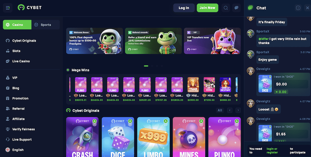 Screenshot of Cybet Casino showing recent 'Mega Wins' from provably fair games like Plinko, and a selection of 'Cybet Originals' like Crash, Dice, and Limbo.