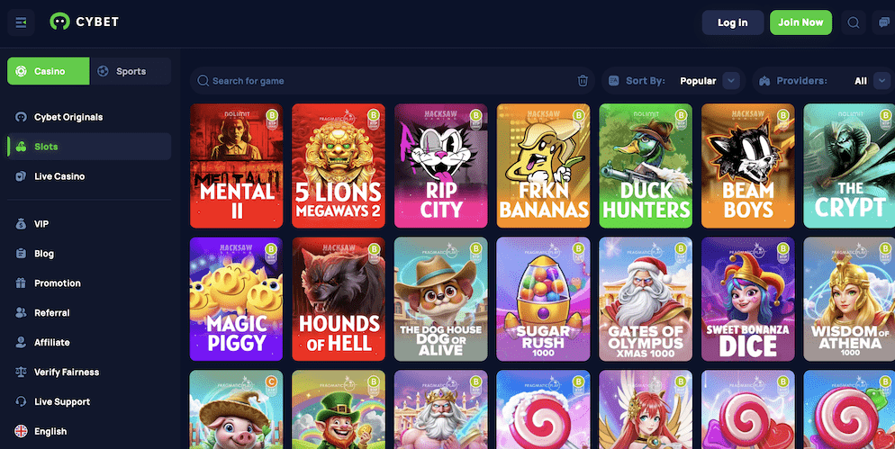 Screenshot of Cybet Casino's slots lobby, featuring popular titles like Mental II, 5 Lions Megaways 2, Rip City, and Sugar Rush from various providers.