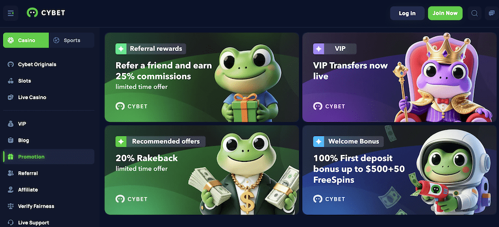 Screenshot of Cybet Casino's promotions page, showcasing welcome bonus, refer-a-friend commissions, 20% rakeback, and VIP transfers, featuring cheerful frog characters.