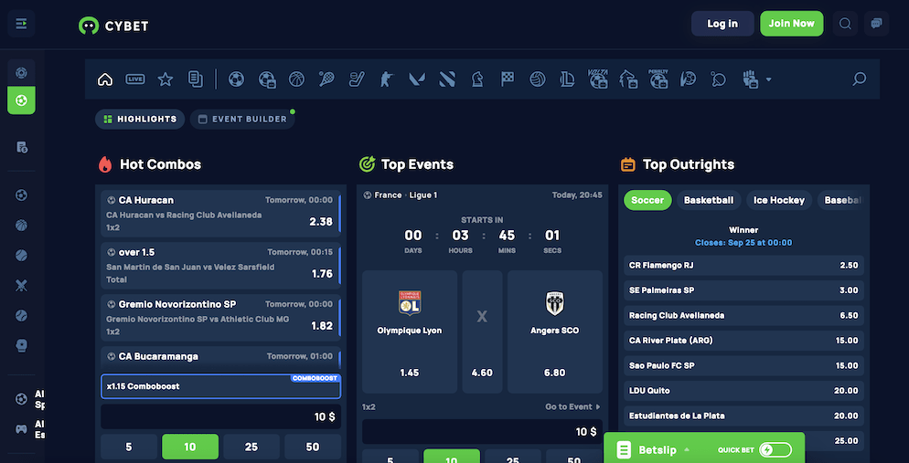 Screenshot of Cybet Sportsbook homepage, showing 'Hot Combos,' 'Top Events' with football matches like Lyon vs. Angers, and 'Top Outrights' for soccer, basketball, and ice hockey.